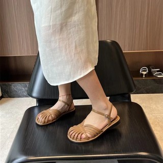 Dép sandal gót phẳng mũi tròn cho phụ nữ với một dây đeo và thiết kế rỗng thời trang