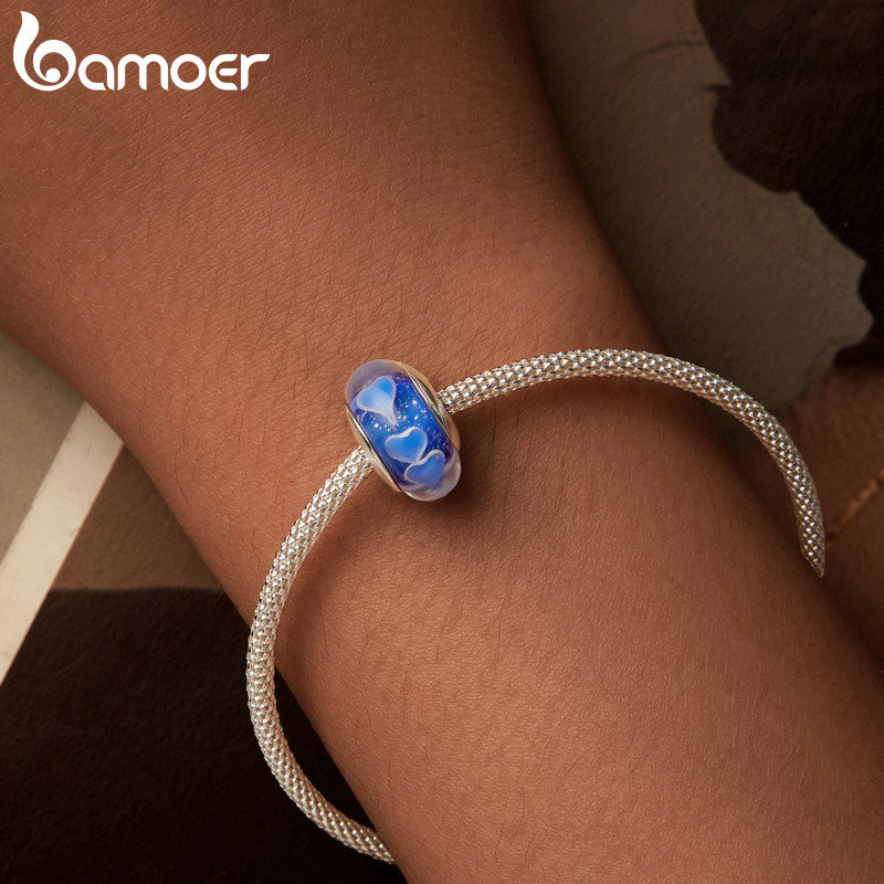 Bamoer 925 Sterling Sliver Charm Trái Tim Xanh Hoa Murano Hạt Mặt Dây Chuyền Phụ Kiện Series Cho Vòng Tay