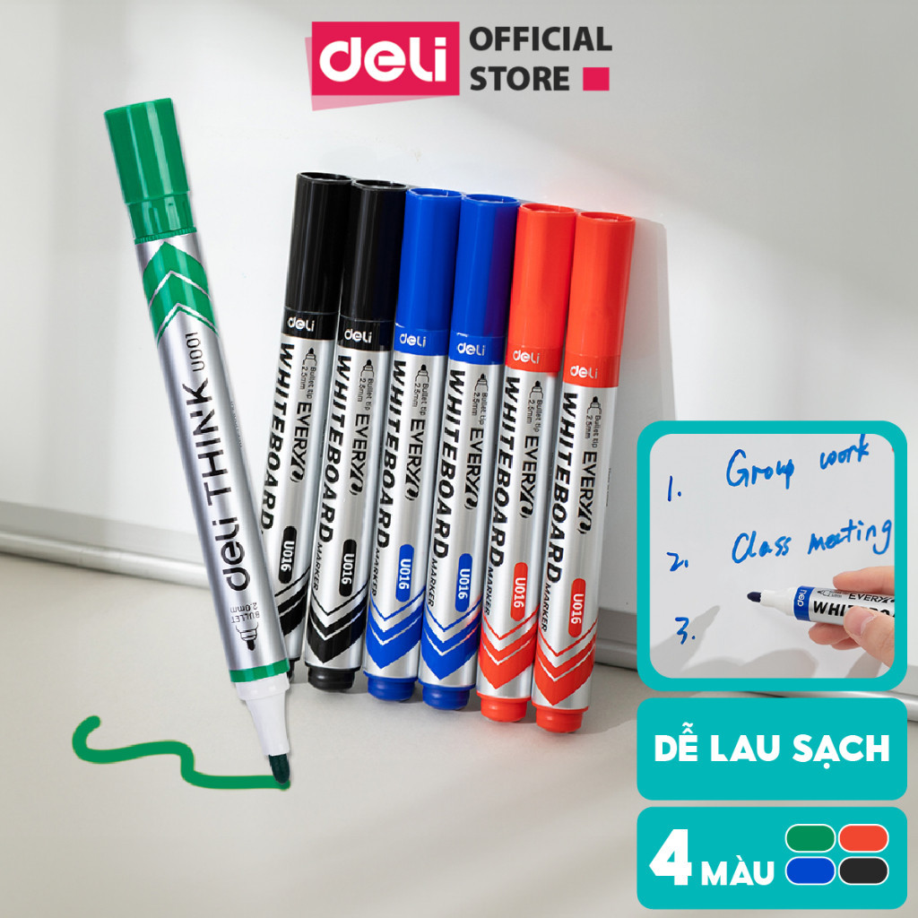 [VPP DELI] Bút Lông Viết Bảng Trắng Nhiều Màu Chính Hãng Deli, Ngòi 2-2.5mm, Nét Mượt, Dễ Lau, Có Mực Thay Thế