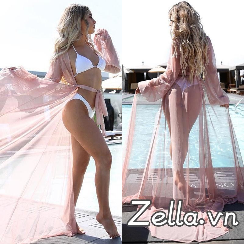 Nữ Voan Bikini Che Áo Mùa Hè Dài Tay Sâu Cổ Chữ V Nhìn Xuyên Qua Đầm Maxi Ren-up Mùa Hè Đi Biển