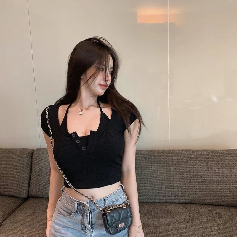 Áo Croptop Body Tay Ngắn 29 Cổ Vuông Kiểu Yếm, Khuy Cài Cổ Gợi Cảm A5257