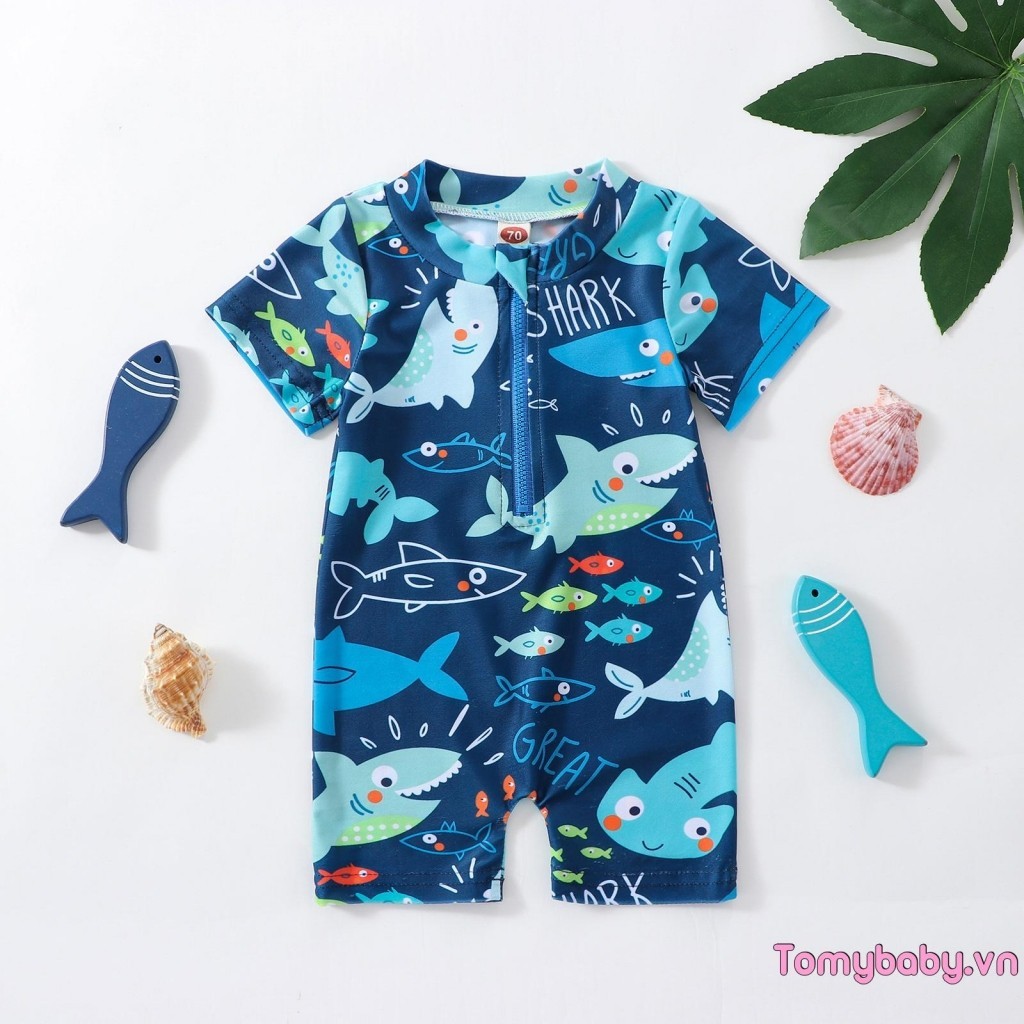 Bé Trai Đồ Bơi Mùa Hè Dễ Thương In Hình Cá Mập Tay Ngắn Dây Kéo Áo liền quần Đồ Bơi Đi Biển
