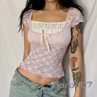 Áo thun nữ mùa hè ren nối cổ vuông ngắn tay áo Crop top cho bé gái S / M / L Hồng