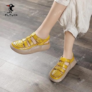 Plover Năm Da Thật Chính Hãng Hai Cánh Lỗ Giày Nữ Đế Dày Mũi Tròn Retro Đế Mềm Dép PLOVER Năm Da Thật Thật Giày Hai Cánh Đế Dày Mũi Tròn Retro