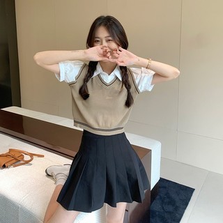 Áo sơ mi mùa hè mới cho phụ nữ phong cách NS ngắn, áo polo giả hai mảnh, áo len đan cho phụ nữ