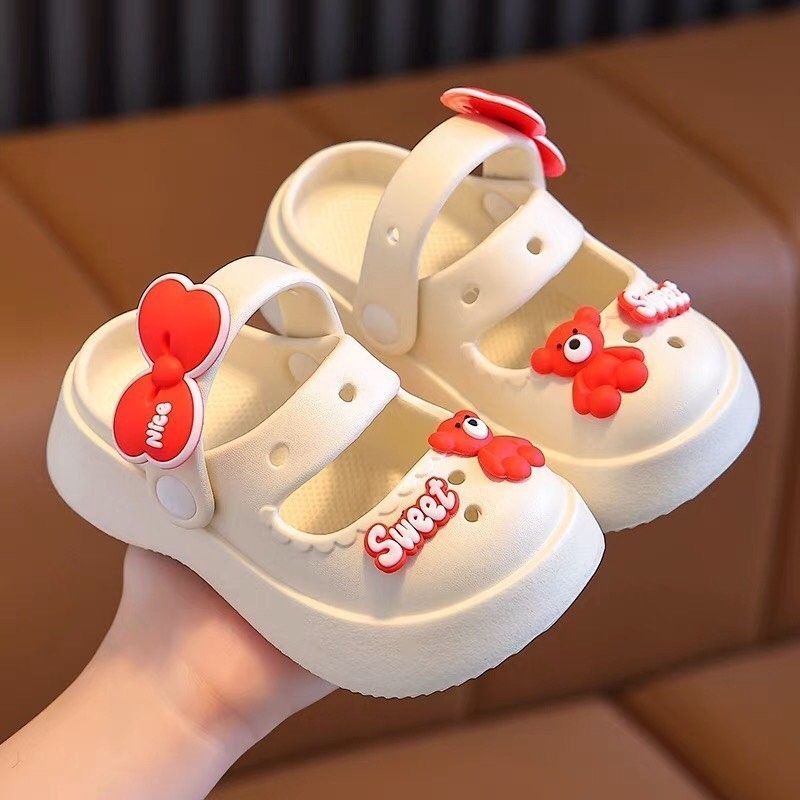 sục cross dép cho bé gái xinh xắn siêu nhẹ chống trơn trượt QCCC từ 2 tuổi nơ gấu hồng, trắng 1017