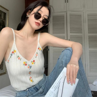 K Dệt Kim Nhỏ Camisole Mùa Hè Phong Cách Mới Thêu Cổ Chữ V Áo Dệt Kim Ngắn