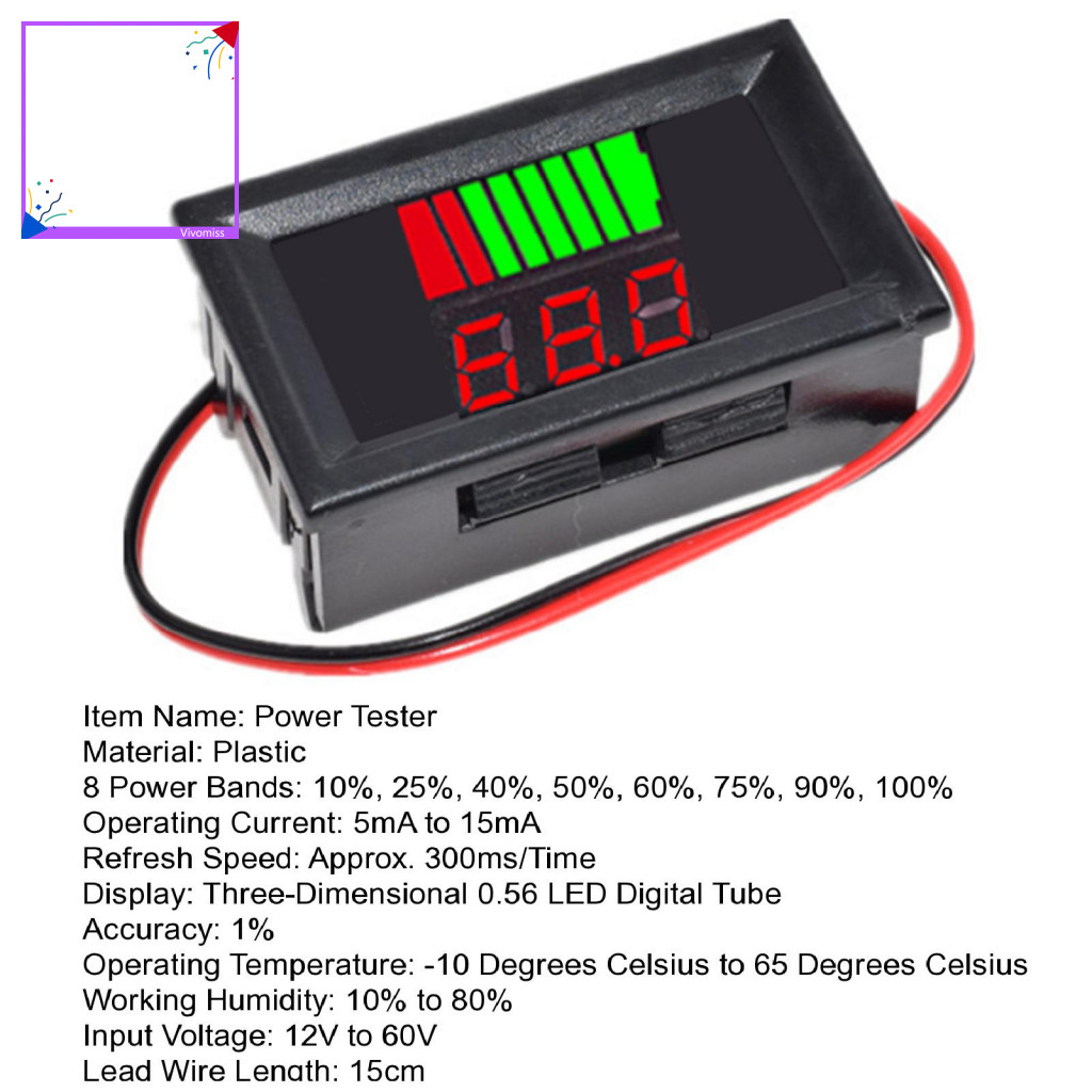 [Vm] Đồng hồ đo dung lượng pin 12V-60V Màn hình kỹ thuật số LED Cảnh báo công suất thấp Độ phân giải công suất 8 tầng Chỉ báo dung lượng pin Phụ kiện gia đình
