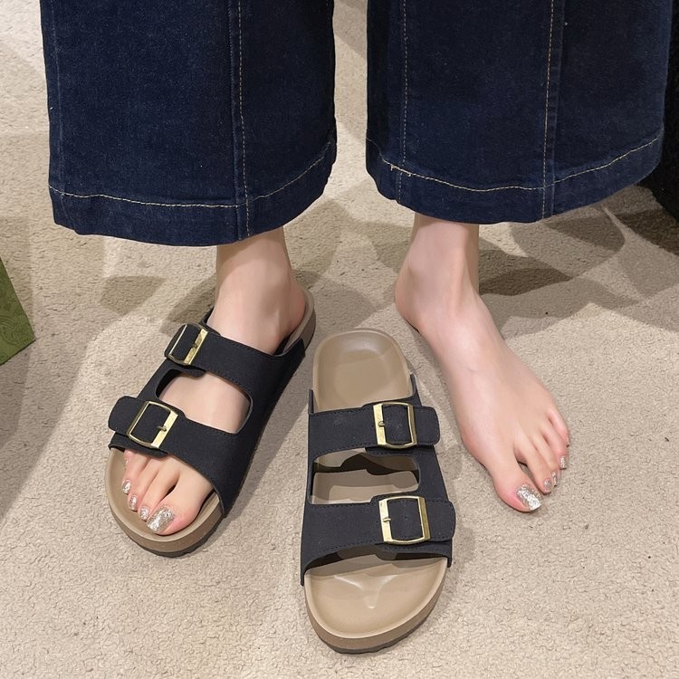 Mùa Hè Phong Cách Mới Slip-On Dép Nữ PU Phiên Bản Hàn Quốc Retro Chống Trơn Trượt Thường Ngày Ngoài Trời Mặc Dày Đế Đôi San