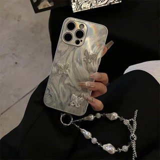 Sang Trọng Laser Glitz Feather + Bướm Mặt Dây Chuyền Dành Cho iPhone15 Pro Max 14 13 12 11 Pro Max Chống Sốc Bảo Vệ Camera Mặt Sau Cứng Mờ iPhone