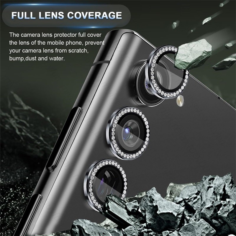 Bling 3D Kim Cương Kim Loại Camera Vòng Bảo Vệ Cho Samsung S25 Ultra S24 S23 S22 Plus S24 FE 5G HD Kính Cường Lực Hợp Kim Nắp Ống Kính
