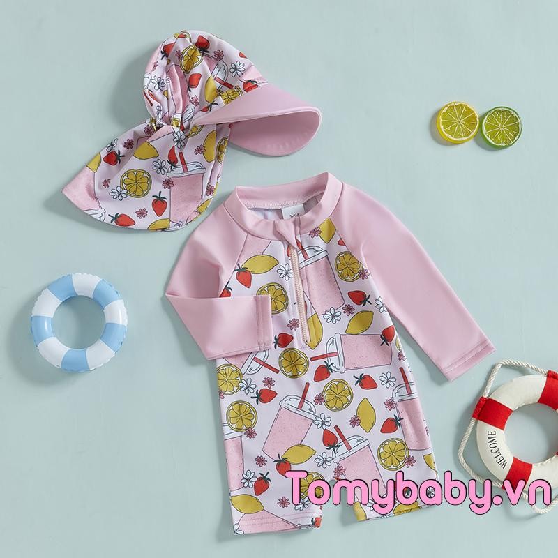 Đồ bơi trẻ em bé gái Đồ uống / In kem Đồ bơi bảo vệ phát ban dài tay + Mũ