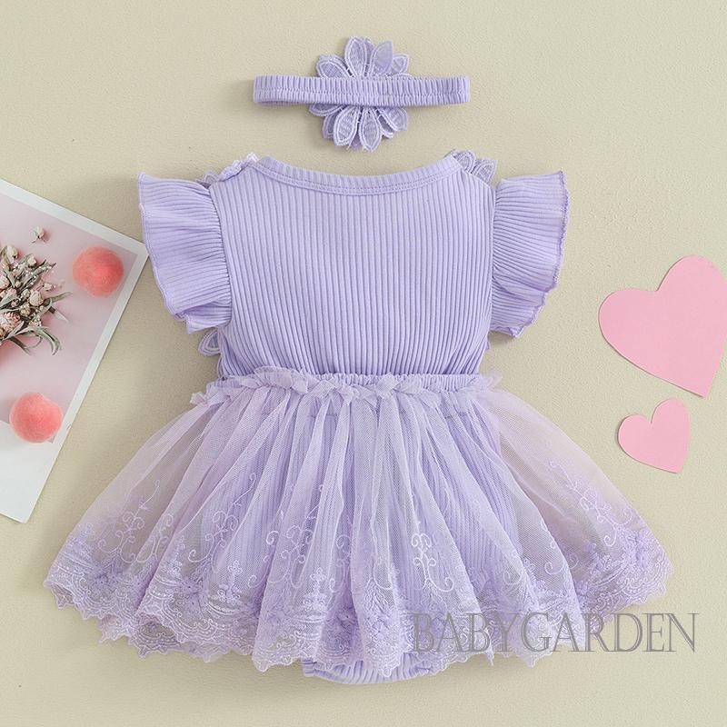 Baga-baby Girl Lưới Ren Chắp Vá Ruffle Romper Đầm Và Băng Đô Thời Trang Dễ Thương Quần Áo Mùa Hè