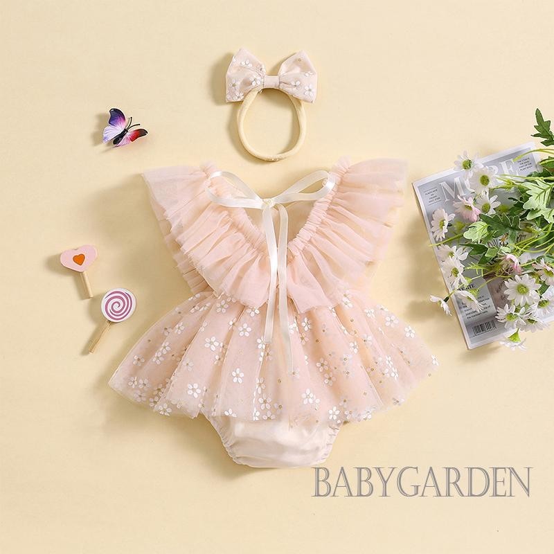 Baga-bộ áo liền quần công chúa in hoa bướm 3D hình bướm có băng đô