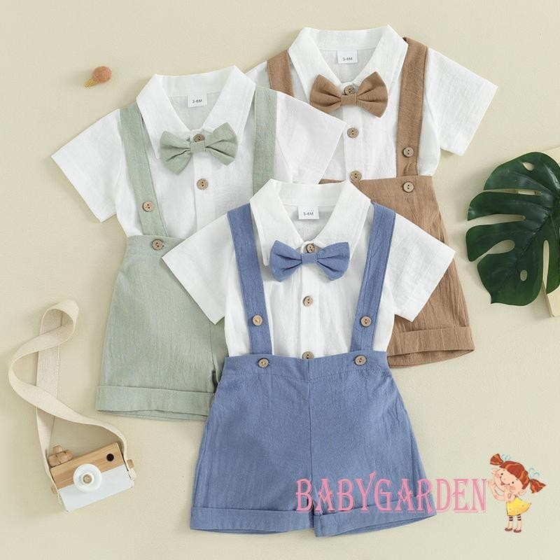 Baga-0-24 tháng tuổi Bộ quần áo quý ông bé trai màu trơn Áo liền quần ngắn tay có dây buộc nơ và quần yếm Quần Short mặc trang trọng