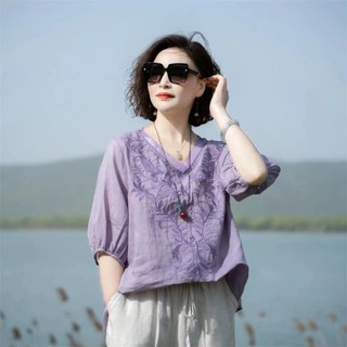 Mùa Hè Mới Thêu Ramie Đa Năng Thời Trang Cotton Và Vải Lanh Áo Sơ Mi Top Retro Áo Sơ Mi Nữ Tay Ngắn Nữ