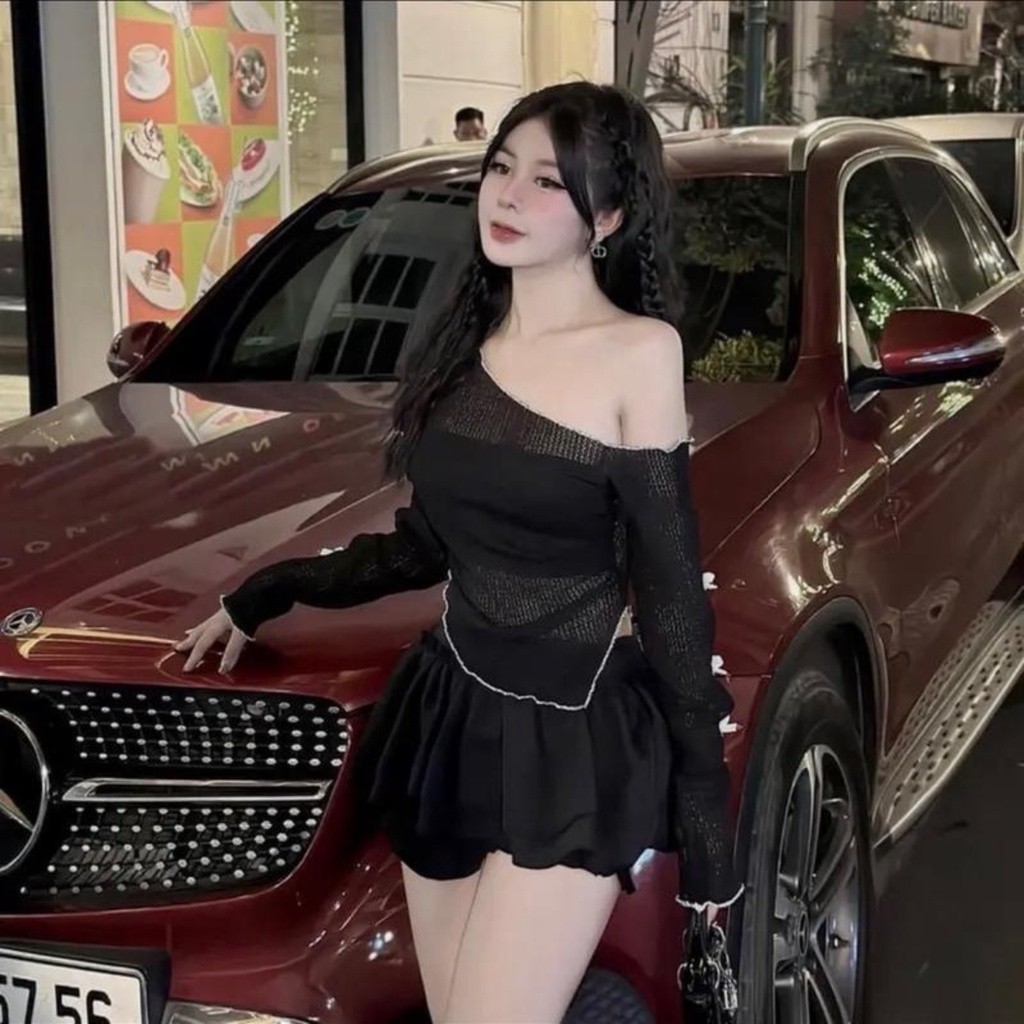 Áo kiểu lệch vai tay dài đính nơ  có lót ngực A5903