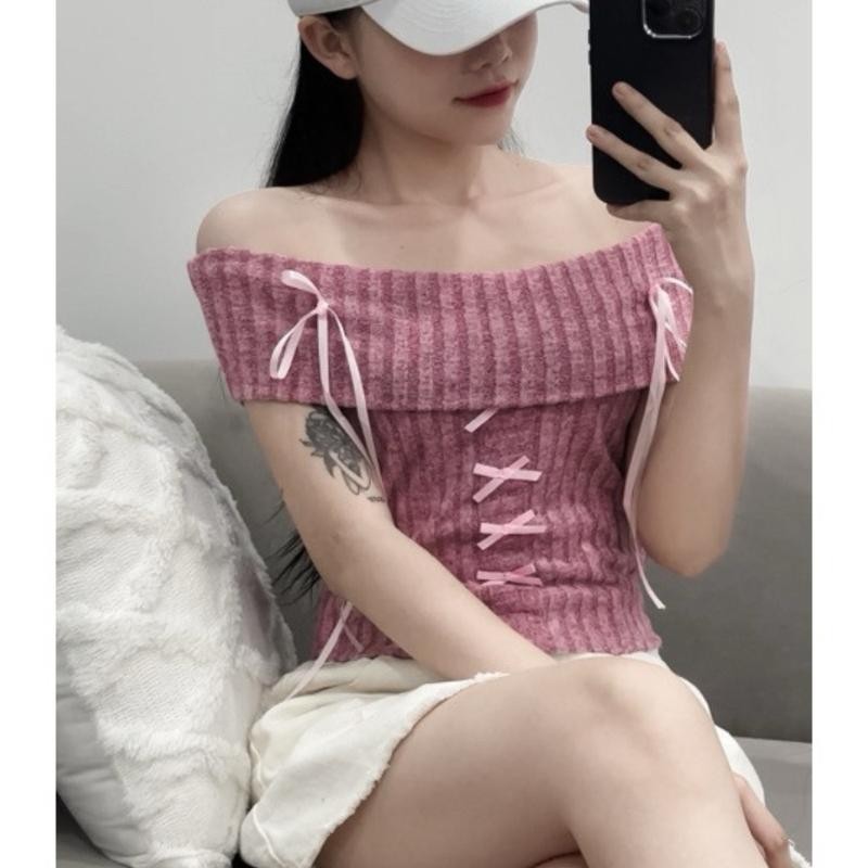 Áo Nữ Kiểu Trễ Vai Đính Nơ PINKSTORE29 Phong Cách Coquette A51092