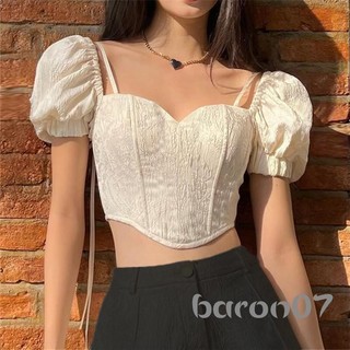 Áo Crop top nữ cổ phồng tay ngắn buộc dây buộc áo sơ mi chui đầu không đều dành cho nữ trẻ
