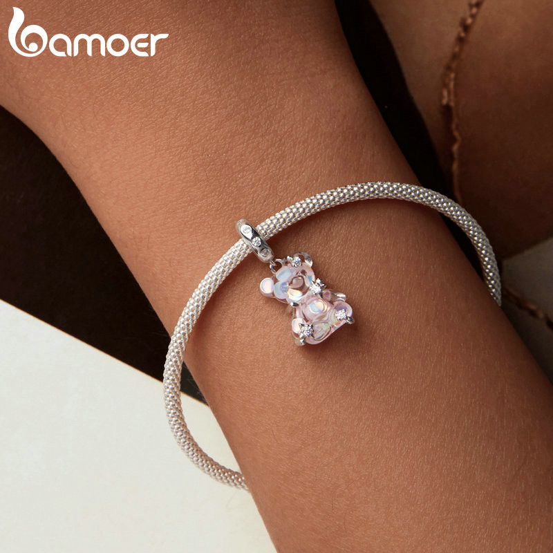 Mặt trang trí BAMOER bằng bạc sterling 925 hình chú gấu làm phụ kiện vòng tay/dây chuyền