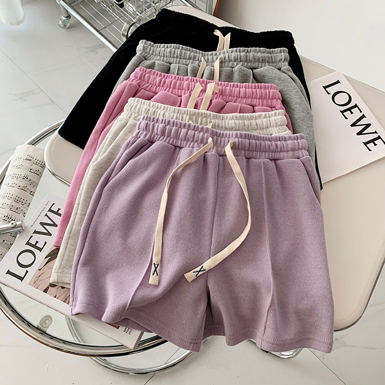 Suxi - Đơn giản và lỏng lẻo Mới Màu trơn Phong cách Hàn Quốc Dây rút thời trang thông thường Quần short nữ cạp cao 240405