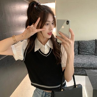 Áo sơ mi mùa hè mới cho phụ nữ phong cách NS ngắn, áo polo giả hai mảnh, áo len đan cho phụ nữ