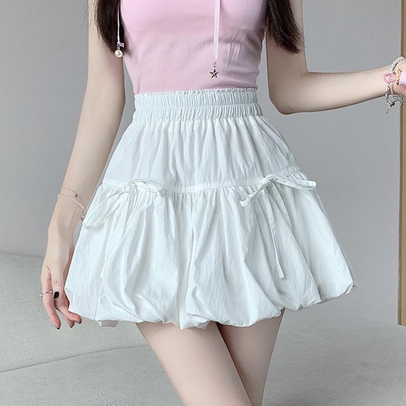 Chân váy nữ xòe đính nơ chất gió nhăn kèm lót trong lưng chun cạp cao nhiều màu basic dễ phối đồ-CV06