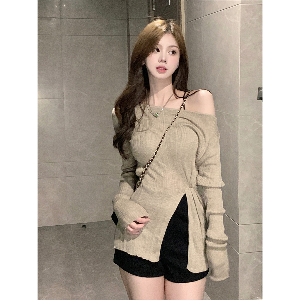 Áo len dệt kim Xuân Thu Phong cách mới Áo len dệt kim một vai dài tay có khe hở gợi cảm Slim-fit K