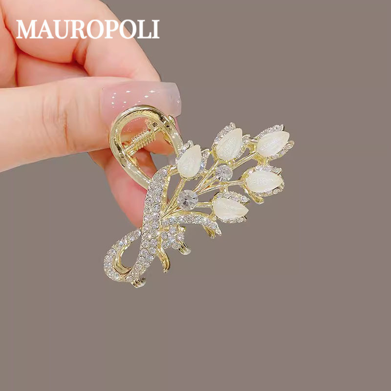 Mauropoli [Sẵn sàng] Phiên bản Hàn Quốc Kẹp tai lúa mì thủy tinh đính đá cao cấp Đầu sau nữ Kẹp trung bình Mũ đội đầu nửa mảnh Tóc sang trọng Kẹp tóc
