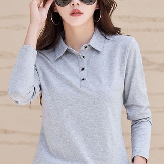Cao Cấp Cotton Nguyên Chất Dài Tay Áo Thun Nữ polo Áo Sơ Mi Đầu Thu Phong Cách Mới Bên Trong Đáy Áo Sơ Mi Nữ Mỏng Hơn Nhìn Ve Áo Thể Thao Top