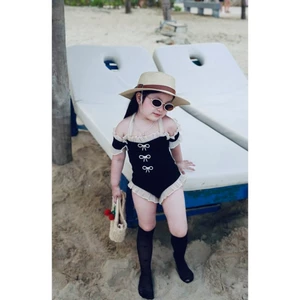 10-30kg (tặng tag nơ) Bikini 1 mảnh đen tay bèo sang chảnh cho bé gái, đồ bơi cho bé