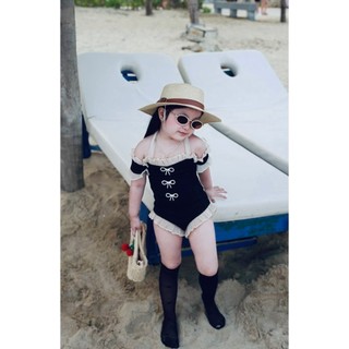 10-30kg (tặng tag nơ) Bikini 1 mảnh đen tay bèo sang chảnh cho bé gái, đồ bơi cho bé