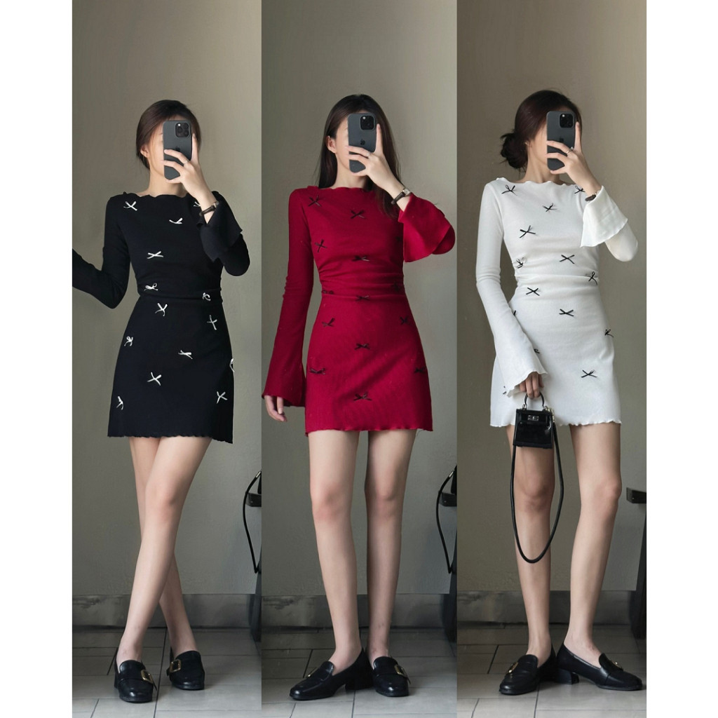 BARE_ Đầm nữ tay dài cổ thuyền tay loe thiết kế đính nơ xinh xắn chất thun gân tăm xịn co dãn tôn dáng-D035