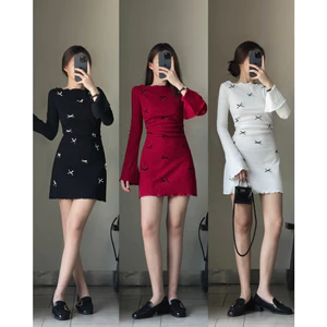 BARE_ Đầm nữ tay dài cổ thuyền tay loe thiết kế đính nơ xinh xắn chất thun gân tăm xịn co dãn tôn dáng-D035