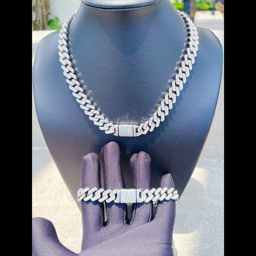 (COMBO 4) Combo dây chuyền và vòng tay đính đá cuban tặng kèm 2 nhẫn đính đá bản v4 rộng 10mm