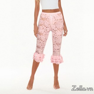 Nữ Capri Quần Ren Nhìn Xuyên Qua Eo Cao Xù Viền Mùa Hè Thường Ngày Co Giãn Crop Legging