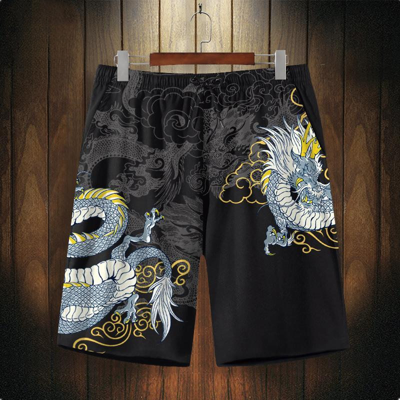 Quần short phong cách Trung Quốc cho nam, in hình rồng, mùa hè, thời trang, rộng rãi, kích thước lớn, quần bãi biển nhanh khô