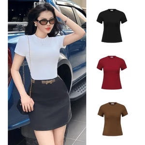 Áo thun nữ bassic cổ tròn tay ngắn ôm body chất vải thun tăm mềm mịn co giãn thoáng mát