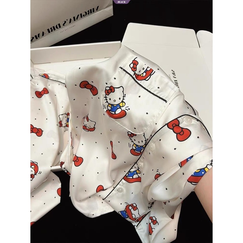 Ins Wind Bow Hello Kitty Bộ Đồ Ngủ Hoạt Hình Nữ Xuân Thu Quần Dài Tay Mới Mặc Ở Nhà [BL]