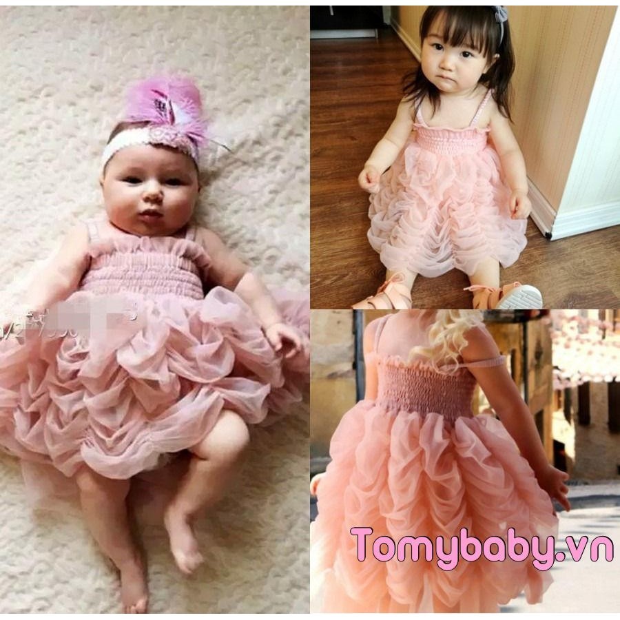 Bé Gái Không Tay Đầm Màu Trơn Xếp Ly Tulle Sling Mùa Hè Ruffle Bong Bóng Váy Công Chúa