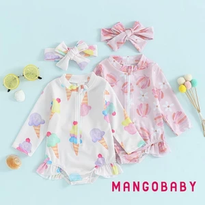 Mg-baby Girls Bikini Đồ bơi đi biển In hoa / Kem dài tay có khóa kéo lên Bộ đồ tắm