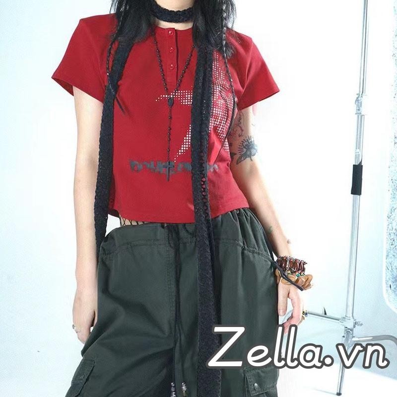 Áo thun nữ tay ngắn mùa hè Y2K in hình ngôi sao nút xuống Crop Tops Dạo phố
