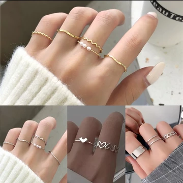【BÁN BUÔN】5 Cái / bộ Slim Ring Set Đơn Giản Ngọc Trai Hình Học Nhẫn Tình Yêu Có Thể Điều Chỉnh Ngón Tay Nhẫn Nữ Trang Sức Phụ Kiện