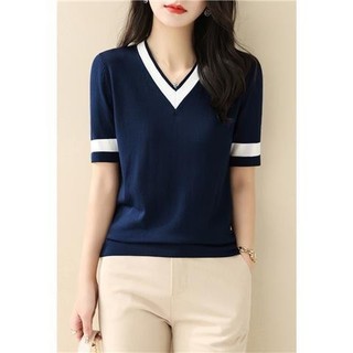 Mùa hè Phong Cách Mới Cổ Chữ V Màu-Blocking Ôm Hơn Nhìn Ngắn Tay Ice Silk Áo Len Tính Khí