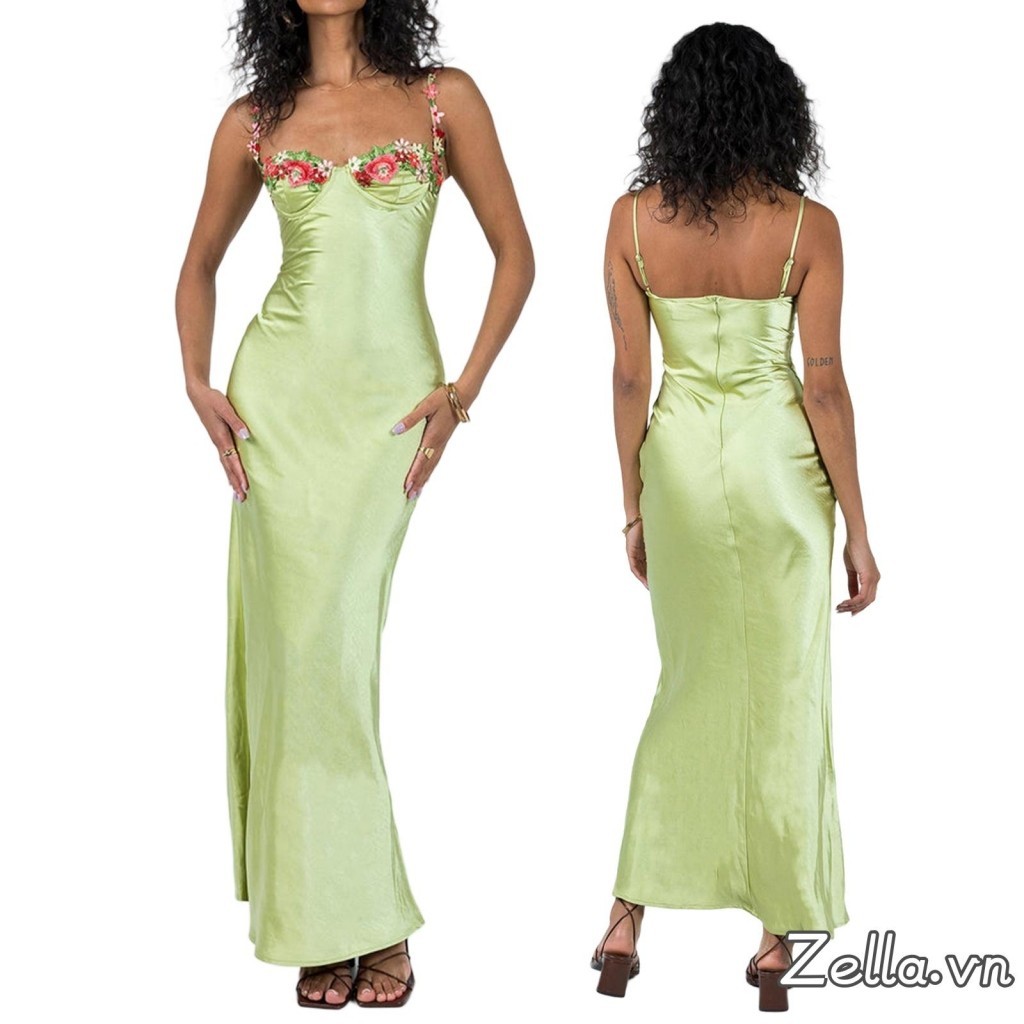 Phụ Nữ Sling Bodycon Đầm Dài Thêu Hoa Không Tay Spaghetti Dây Đeo Skinny Váy Cho Kỳ Nghỉ Đi Biển Mùa Hè