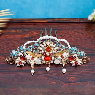 Phong cách cổ xưa Phụ kiện tóc thủ công Ming Made Tang Style Burnt Blue Hair Crown Hanfu Mũ đội đầu cô dâu Phong cảnh tuyệt đẹp Màu xanh tinh tế Lược tóc phong cách cổ xưa Phụ kiện tóc thủ công Ming Made Tang Style Burnt Blue Fever Crown Hanfu Bridal Head