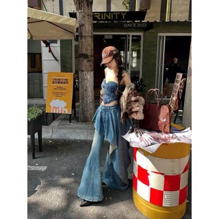 Women's Jeans Spring New Trendy Street Style Ribbon Design Washed Vintage Flared Hot Girl Long Pants