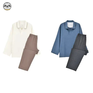 Phong cách Nhật Bản Muji Style / Quần áo phòng chờ Flannel có cổ hở cho nam / Bộ đồ ngủ dài tay bằng Cotton nguyên chất / Đồ ngủ thoải mái mềm mại