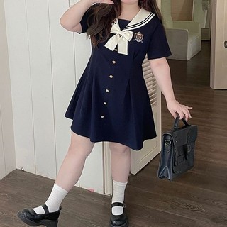 M-5XL Đầm Size Lớn Nữ [Chất Liệu Polyester Thoải Mái Thân Thiện Với Da] Thịt Tây Tạng Váy Phong Cách Preppy Giảm Tuổi Váy chữ a Mùa Hè Hơi Béo mm Ôm Hơn Nhìn Bao Bụng Pháp Navy Co