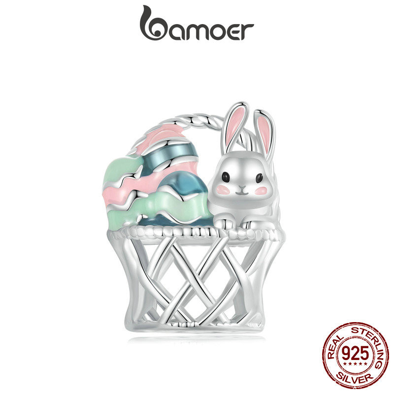 Bamoer 925 Sterling Sliver Charm Phục Sinh Trứng May Mắn Thỏ Trứng Mặt Dây Chuyền Phụ Kiện Series Cho Vòng Tay
